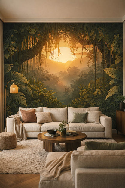 Organic Modern cream-sand jungle landscape featuring sunset - Wall Mural Peel and Stick Wallpaper for Organic Modern Living Room.