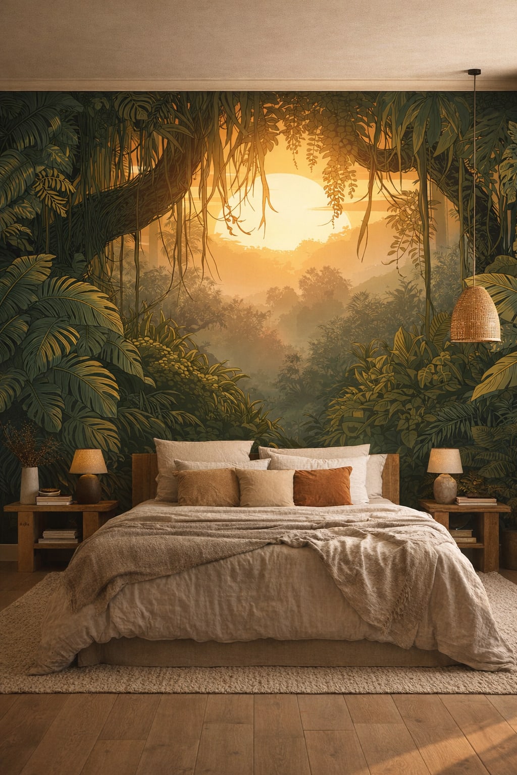 Wabi-sabi earth-toned jungle landscape featuring hanging vines - Wall Mural Peel and Stick Wallpaper for Wabi-sabi Master Bedroom.