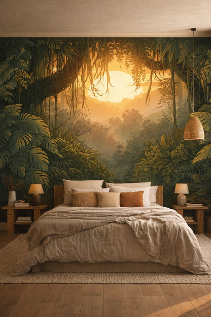 Wabi-sabi earth-toned jungle landscape featuring hanging vines - Wall Mural Peel and Stick Wallpaper for Wabi-sabi Master Bedroom.