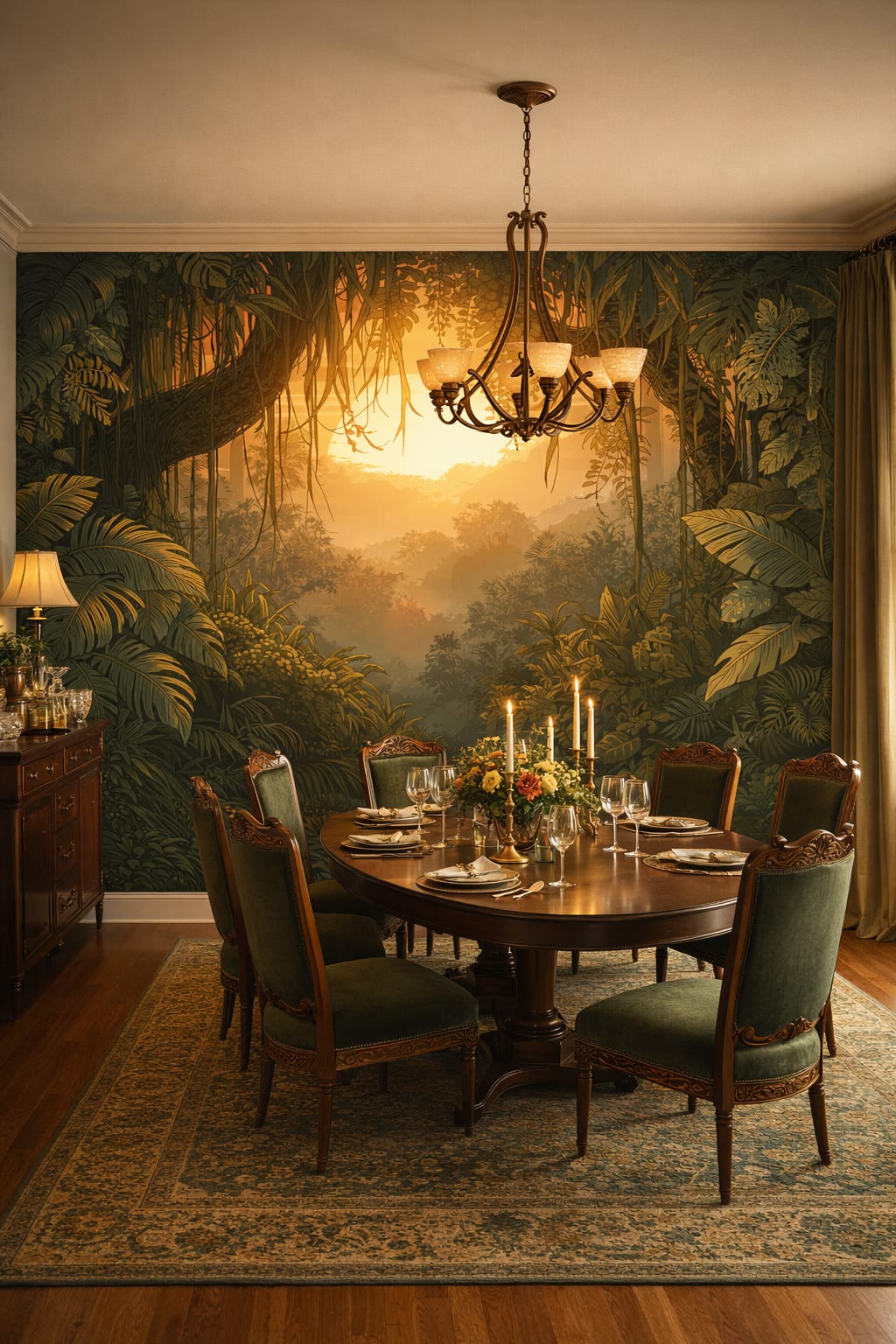 Green Art Nouveau jungle landscape featuring sunset - Wall Mural Peel and Stick Wallpaper for Art Nouveau Formal Dining Room.