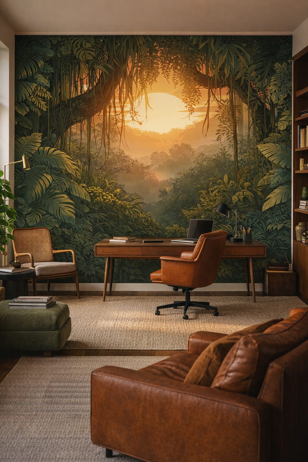 Modernist green jungle landscape featuring sunset - Wall Mural Peel and Stick Wallpaper for Brazilian Modernism Executive Home Office.