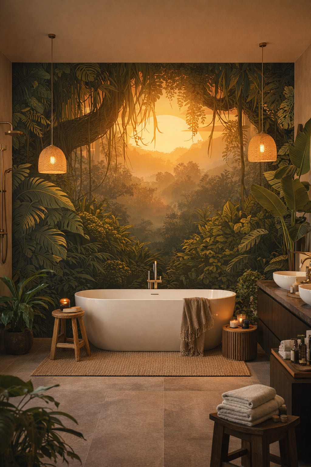 Tropical Modern white-green jungle landscape featuring sunset - Wall Mural Peel and Stick Wallpaper for Tropical Modern Luxury Bathroom.