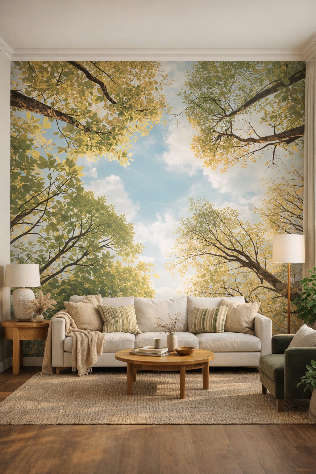 Green neutral biophilic tree canopy featuring leaves - Wall Mural Peel and Stick Wallpaper for Biophilic Design Living Room.