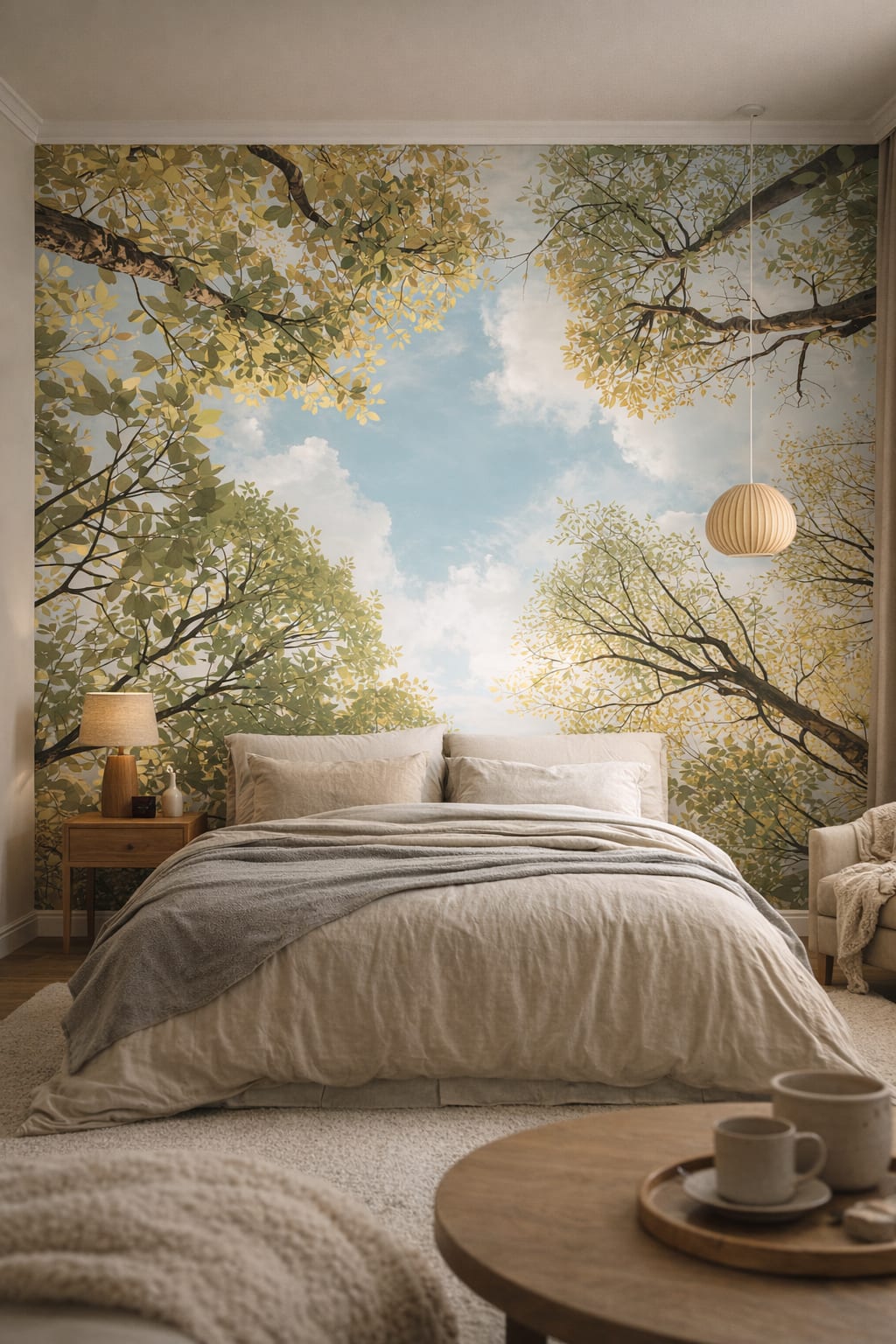 Japandi sand-toned tree canopy featuring branches - Wall Mural Peel and Stick Wallpaper for Japandi Master Bedroom.