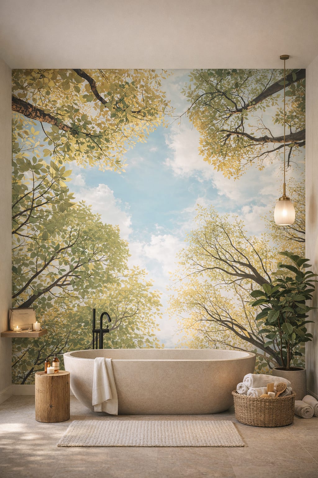 Cream-olive Organic Modern tree canopy featuring leaves - Wall Mural Peel and Stick Wallpaper for Organic Modern Luxury Bathroom.