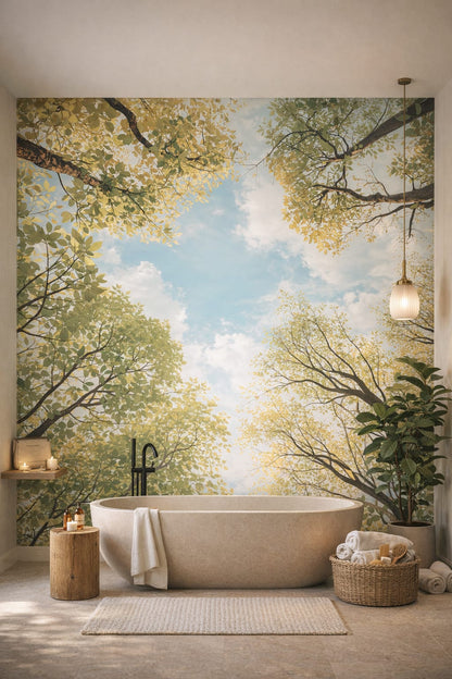 Cream-olive Organic Modern tree canopy featuring leaves - Wall Mural Peel and Stick Wallpaper for Organic Modern Luxury Bathroom.