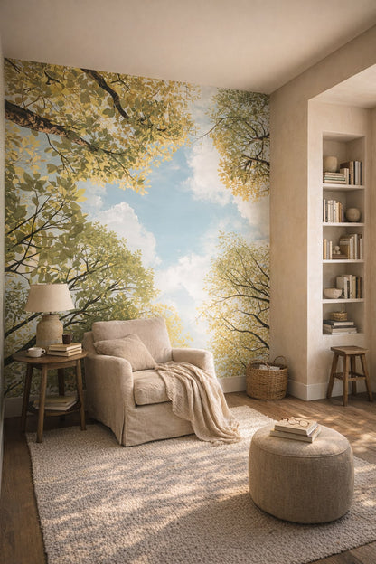 Wabi-sabi, muted earth tones tree canopy featuring branches - Wall Mural Peel and Stick Wallpaper for Wabi-sabi Reading Nook.
