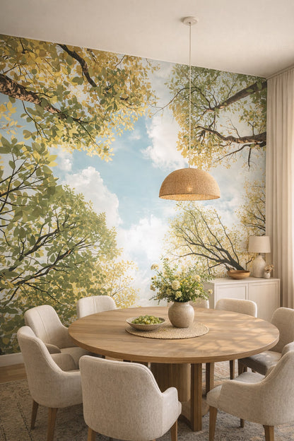 White-and-blue Mediterranean Modern tree canopy featuring sky clouds - Wall Mural Peel and Stick Wallpaper for Mediterranean Modern Dining Room.