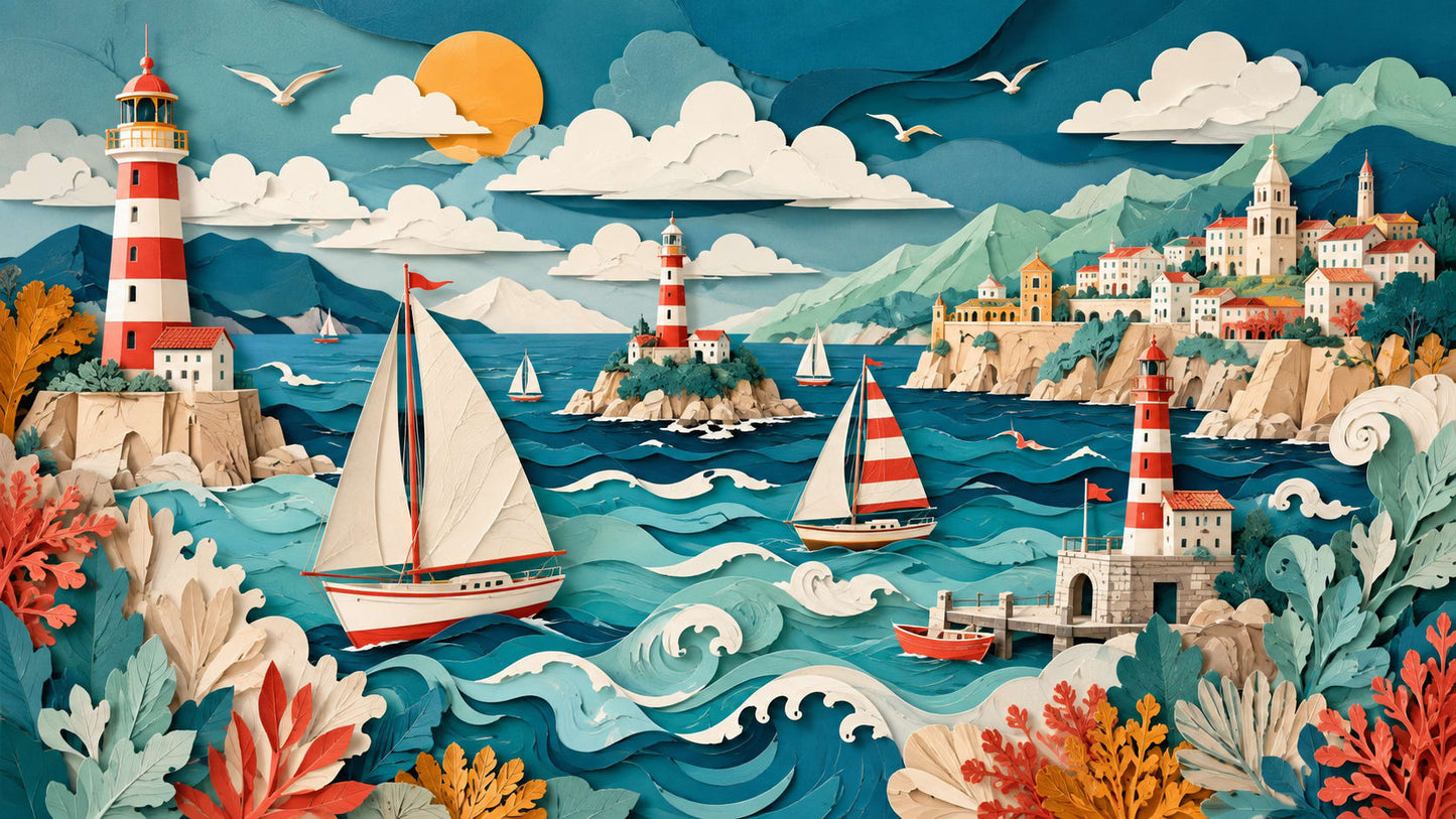 Whimsical layered Teal lighthouse featuring sailing boats, coastal village and ocean waves - Wall Mural & Peel and Stick Wallpaper for Illustrated Nursery or Kids Room