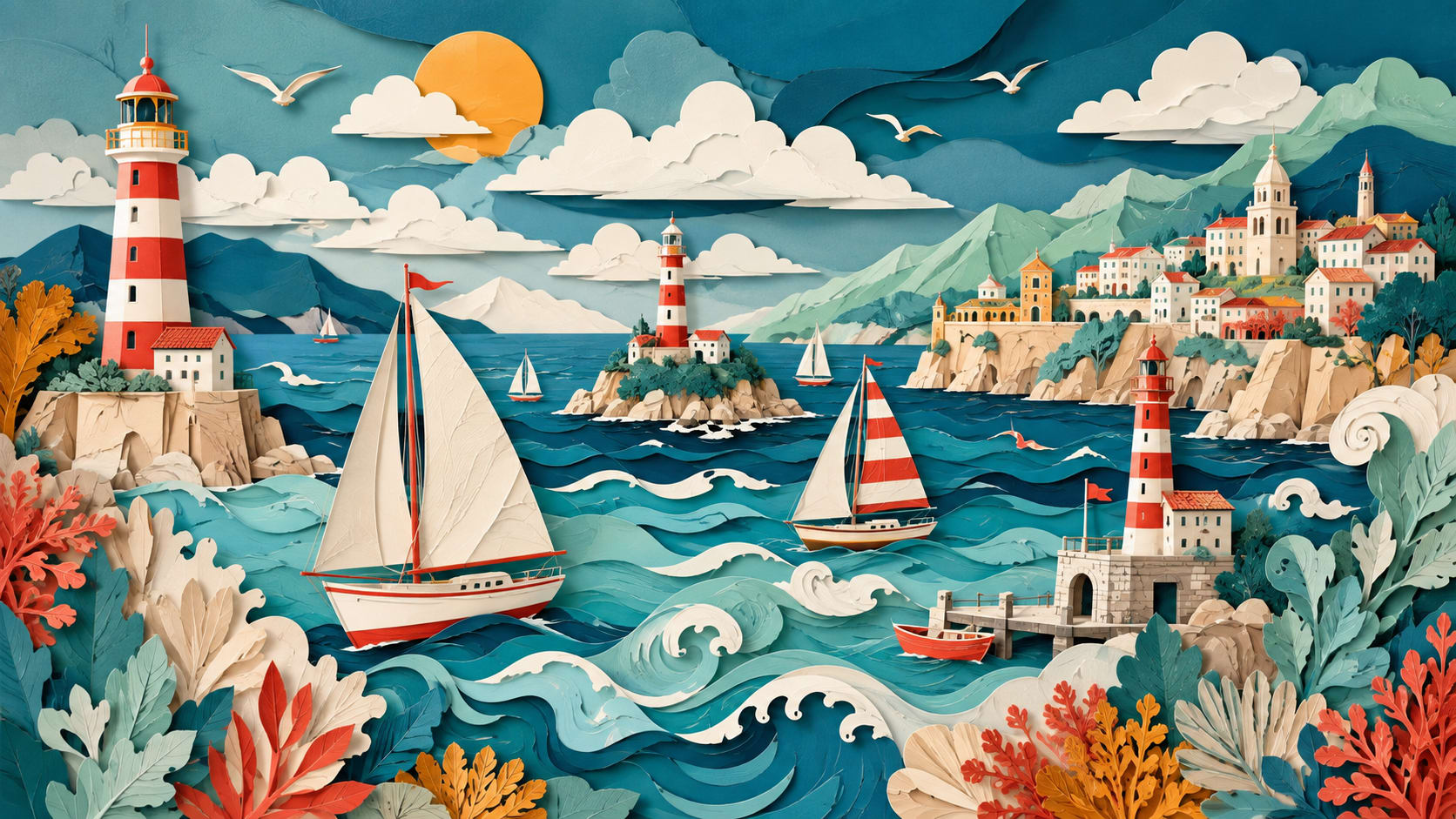 Whimsical layered Teal lighthouse featuring sailing boats, coastal village and ocean waves - Wall Mural & Peel and Stick Wallpaper for Illustrated Nursery or Kids Room