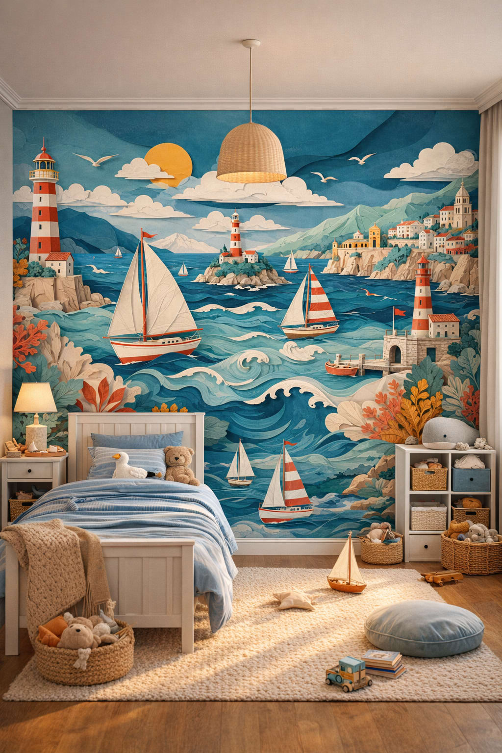 Sky blue Coastal Kids lighthouse featuring sailing boats - Wall Mural Peel and Stick Wallpaper for Coastal Kids Kids Bedroom.