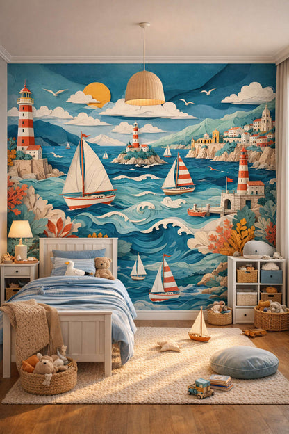 Sky blue Coastal Kids lighthouse featuring sailing boats - Wall Mural Peel and Stick Wallpaper for Coastal Kids Kids Bedroom.