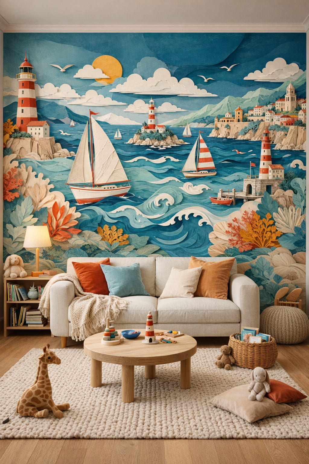 Scandi Kids white birch lighthouse featuring sailing boats - Wall Mural Peel and Stick Wallpaper for Scandi Kids Reading Corner.