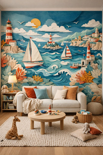 Scandi Kids white birch lighthouse featuring sailing boats - Wall Mural Peel and Stick Wallpaper for Scandi Kids Reading Corner.