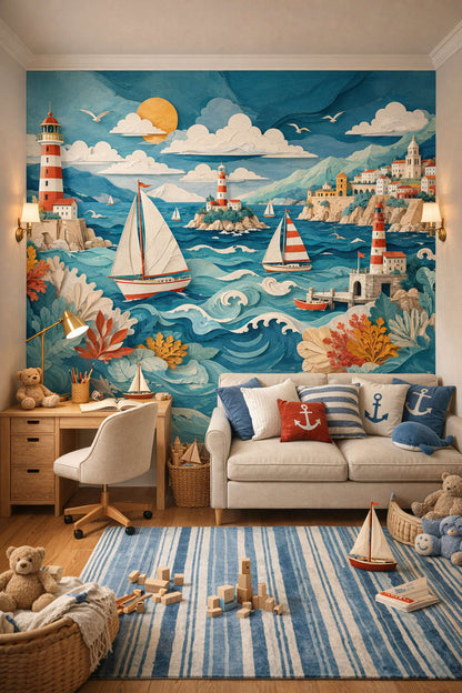 Navy Preppy lighthouse featuring sailing boats - Wall Mural Peel and Stick Wallpaper for Preppy / Nautical Homework / Study Corner.