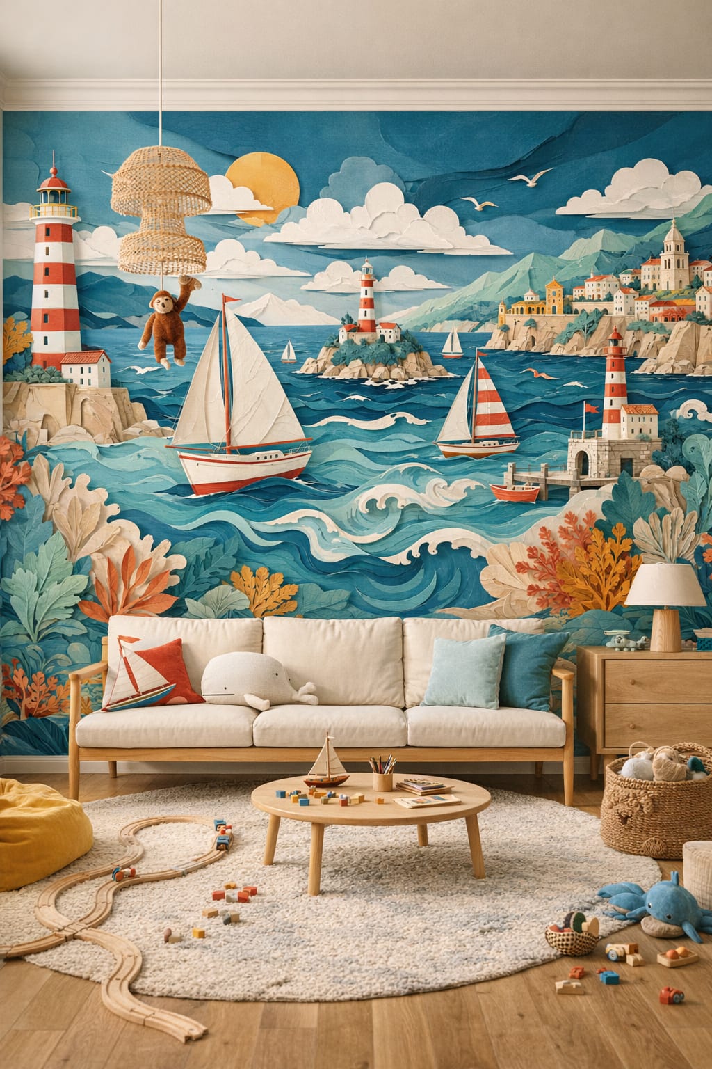 Teal Mid-century Kids lighthouse featuring sailing boats - Wall Mural Peel and Stick Wallpaper for Mid-century Kids Playroom.