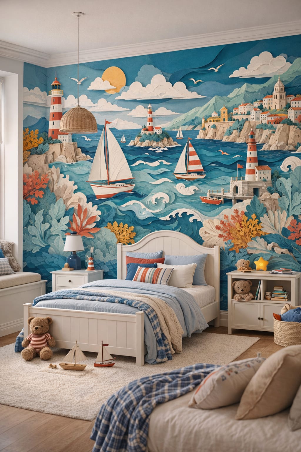 Cream Storybook lighthouse featuring sailing boats - Wall Mural Peel and Stick Wallpaper for Classic Storybook Kids Bedroom.