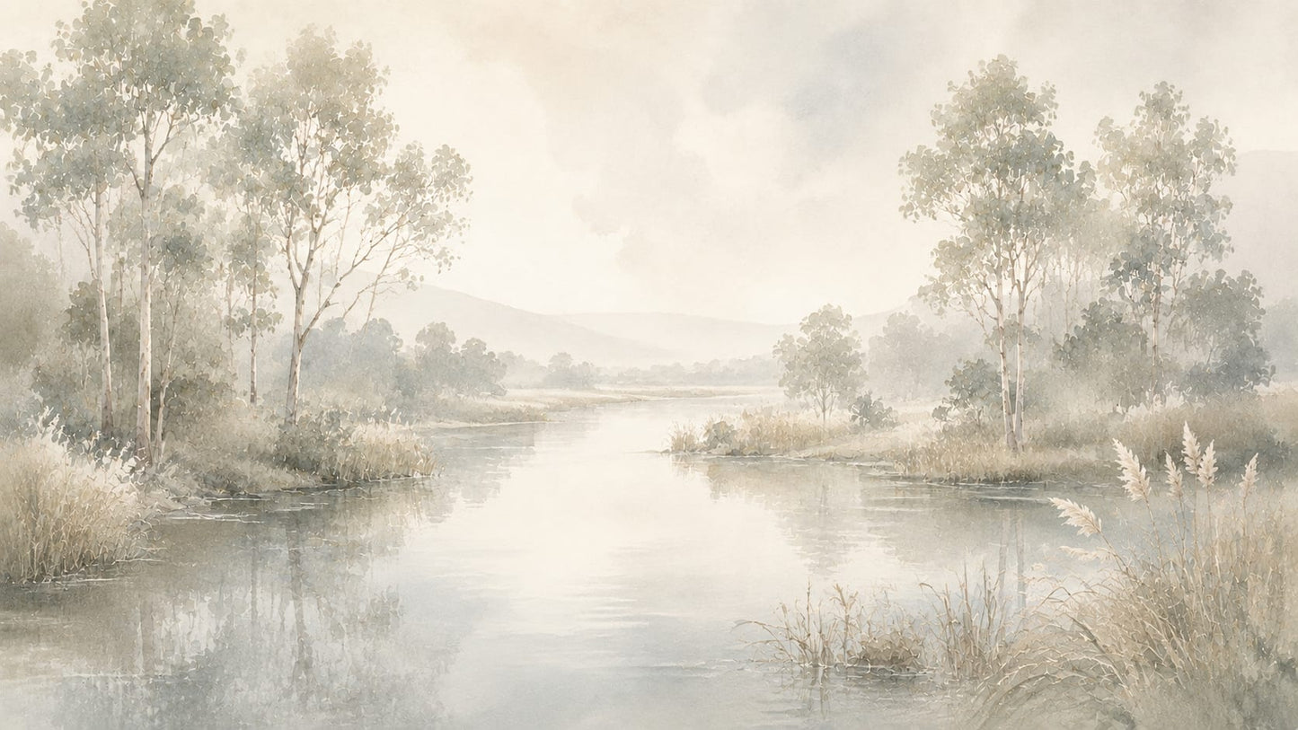 Serene Airy Ivory riverside landscape featuring riverside trees and reeds - Wall Mural & Peel and Stick Wallpaper for Watercolor Interiors and Premium Home Styling