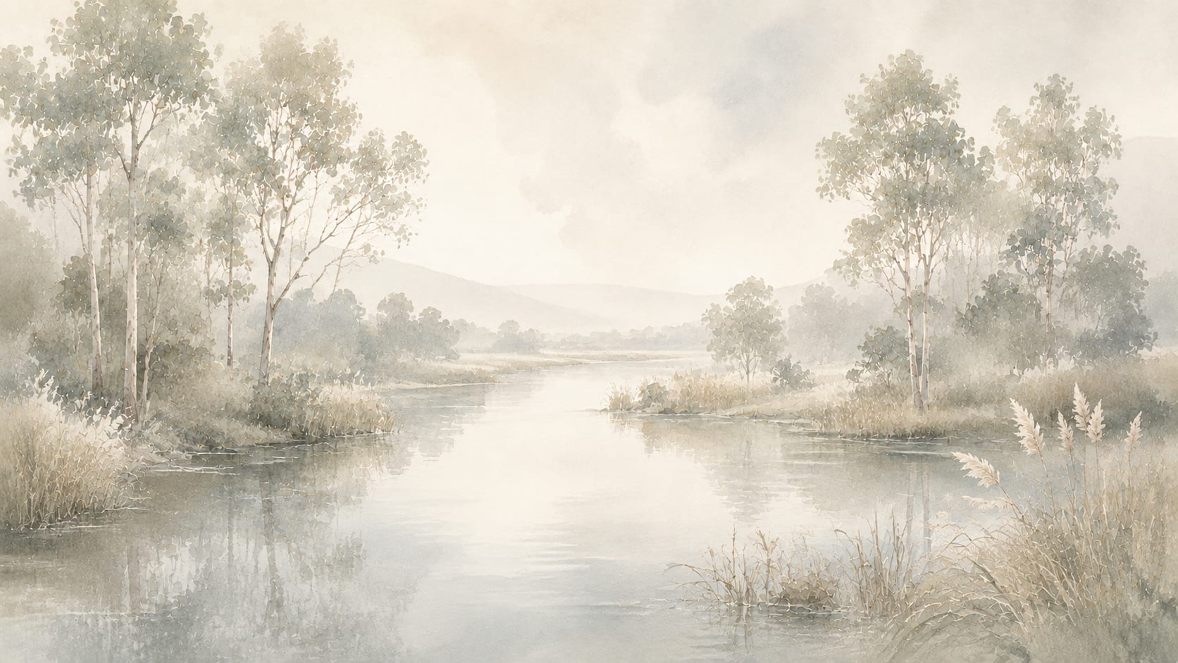 Serene Airy Ivory riverside landscape featuring riverside trees and reeds - Wall Mural & Peel and Stick Wallpaper for Watercolor Interiors and Premium Home Styling