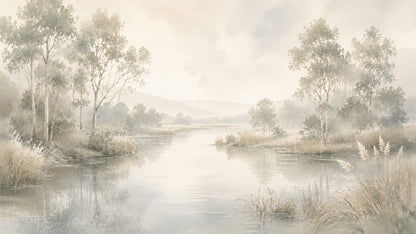 Serene Airy Ivory riverside landscape featuring riverside trees and reeds - Wall Mural & Peel and Stick Wallpaper for Watercolor Interiors and Premium Home Styling