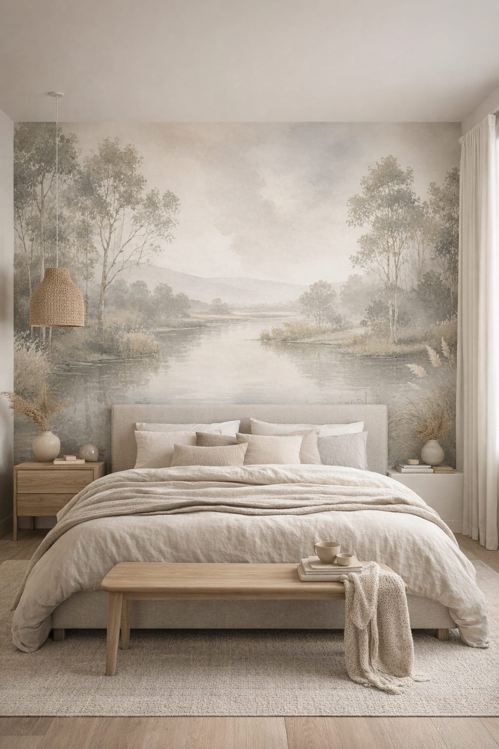 Japandi sand riverside landscape featuring riverside trees - Wall Mural Peel and Stick Wallpaper for Japandi Master Bedroom.