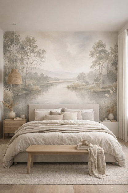 Japandi sand riverside landscape featuring riverside trees - Wall Mural Peel and Stick Wallpaper for Japandi Master Bedroom.