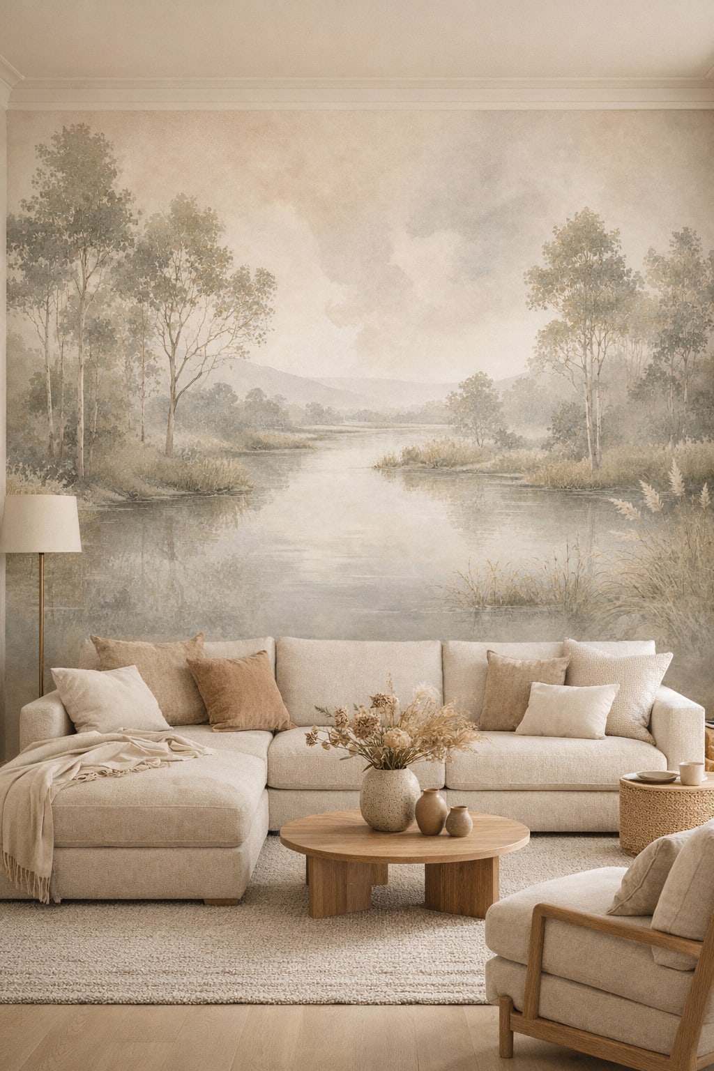 Organic Modern cream riverside landscape featuring reeds - Wall Mural Peel and Stick Wallpaper for Organic Modern Living Room.