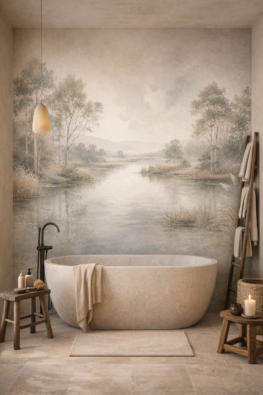 Wabi-sabi earth-tone riverside landscape featuring reeds - Wall Mural Peel and Stick Wallpaper for Wabi-sabi Luxury Bathroom.