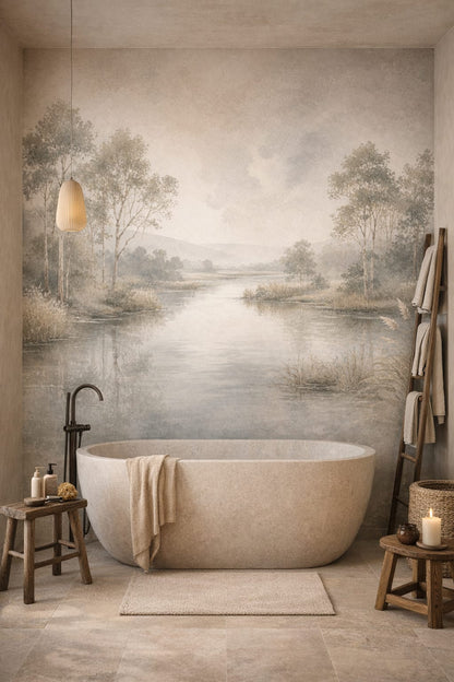Wabi-sabi earth-tone riverside landscape featuring reeds - Wall Mural Peel and Stick Wallpaper for Wabi-sabi Luxury Bathroom.
