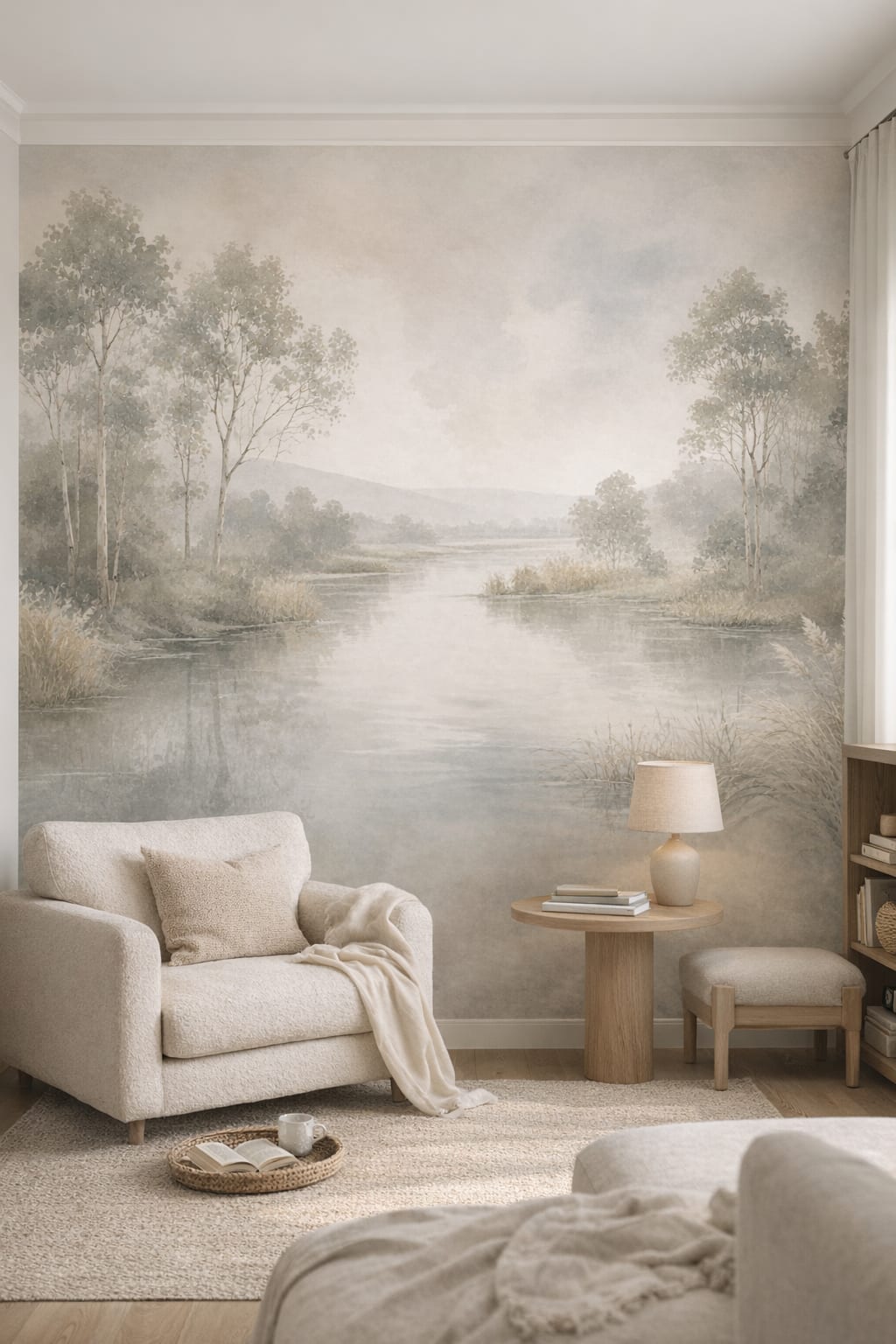 Soft white, light wood riverside landscape featuring riverside trees - Wall Mural Peel and Stick Wallpaper for Scandinavian Reading Corner.