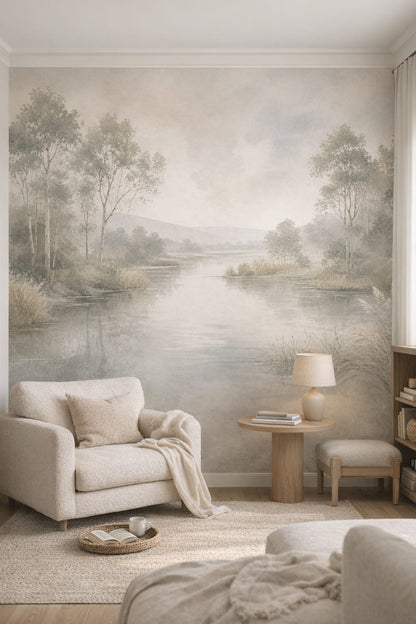 Soft white, light wood riverside landscape featuring riverside trees - Wall Mural Peel and Stick Wallpaper for Scandinavian Reading Corner.
