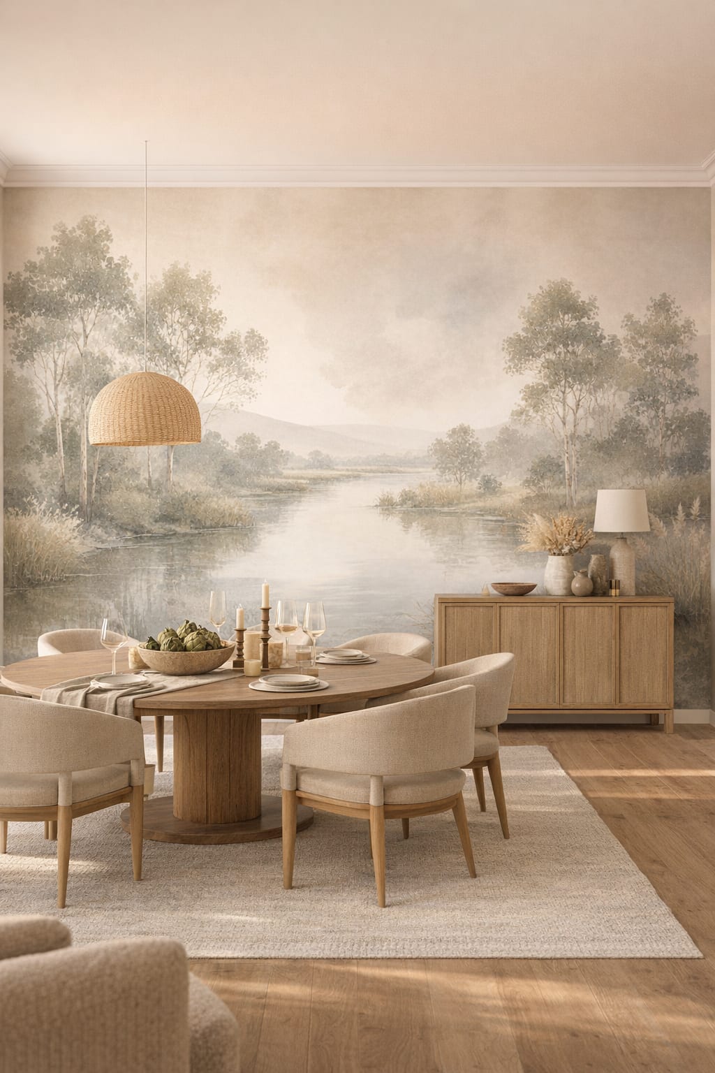 Mediterranean white-sand riverside landscape featuring riverside trees - Wall Mural Peel and Stick Wallpaper for Mediterranean Modern Formal Dining Room.