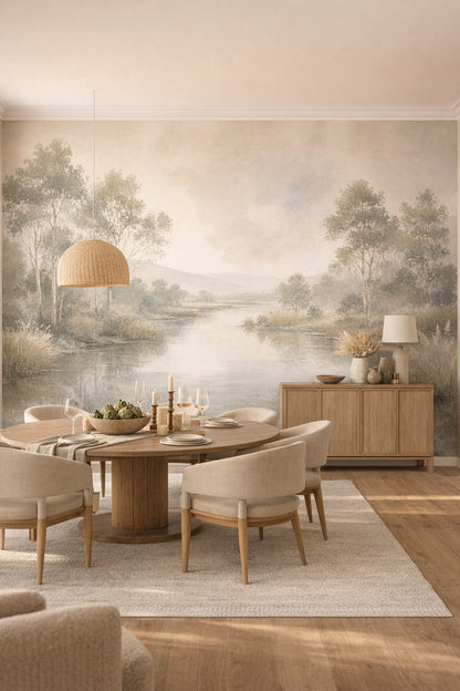 Mediterranean white-sand riverside landscape featuring riverside trees - Wall Mural Peel and Stick Wallpaper for Mediterranean Modern Formal Dining Room.