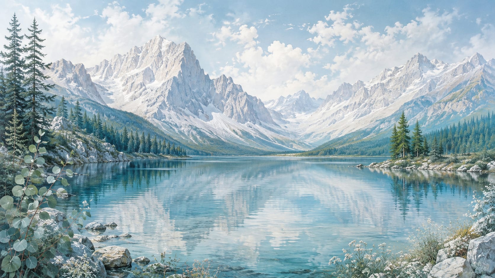 Serene Painterly Light Blue Mountain Lake featuring Pine Forest and Snowy Peaks - Wall Mural & Peel and Stick Wallpaper for Painterly Interiors and Premium Home Styling