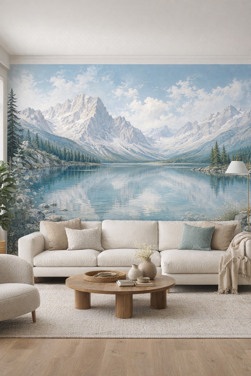 Organic Modern cream mountain lake featuring pine forest - Wall Mural Peel and Stick Wallpaper for Organic Modern Living Room.