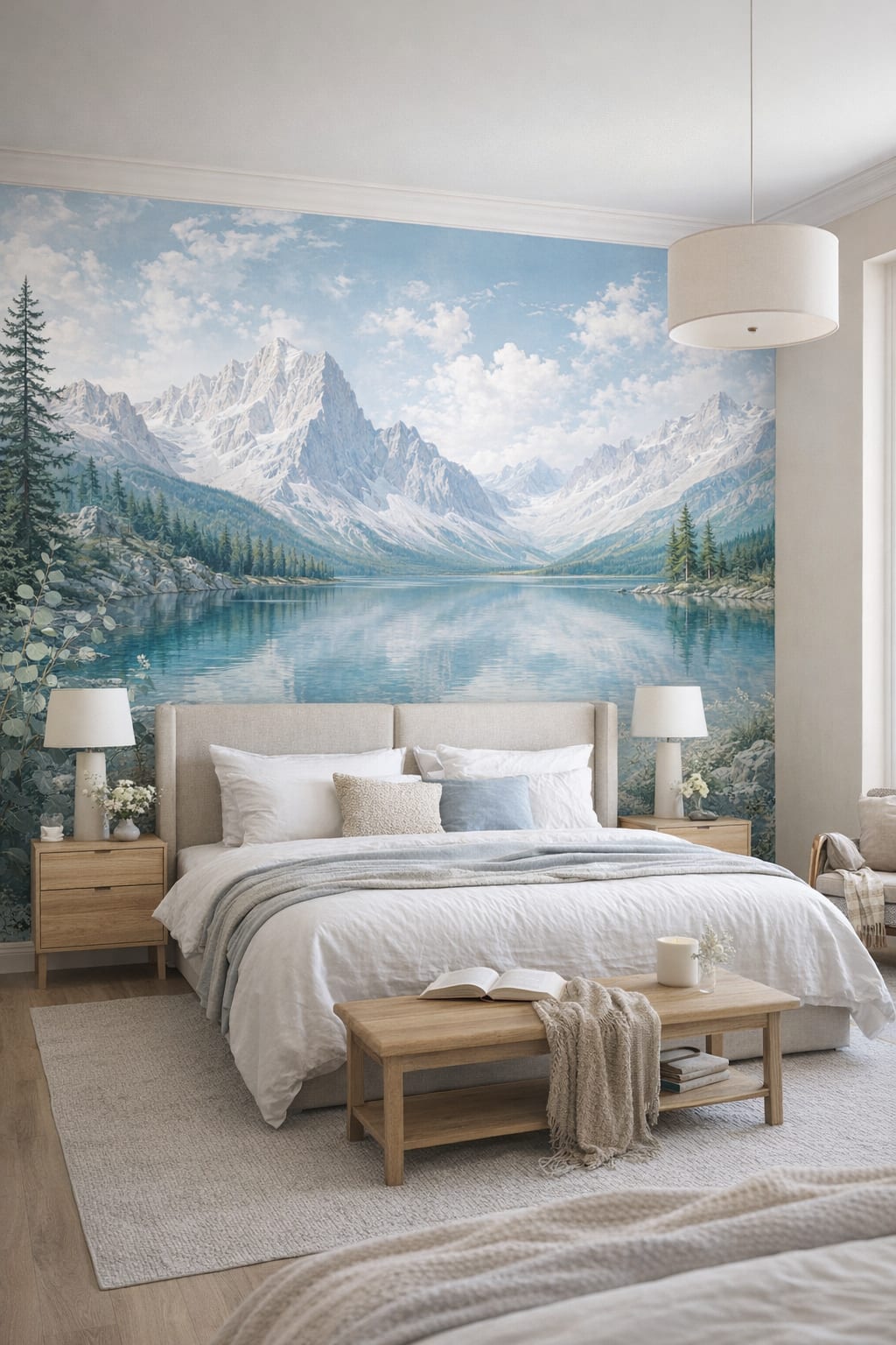 Scandinavian white-gray mountain lake featuring pine forest - Wall Mural Peel and Stick Wallpaper for Scandinavian Master Bedroom.