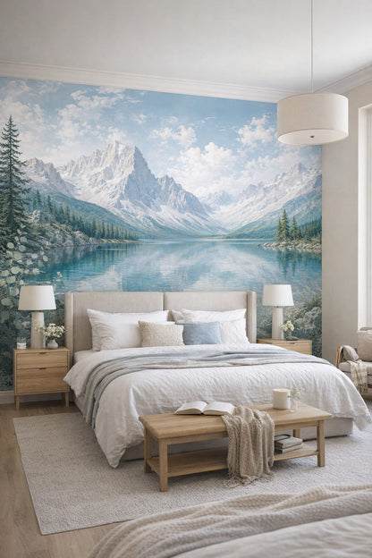 Scandinavian white-gray mountain lake featuring pine forest - Wall Mural Peel and Stick Wallpaper for Scandinavian Master Bedroom.