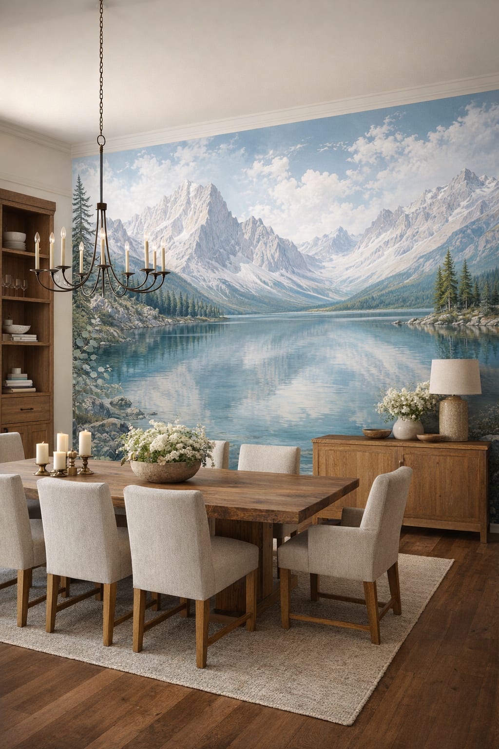 Rustic sand mountain lake featuring pine forest - Wall Mural Peel and Stick Wallpaper for Rustic Modern Formal Dining Room.