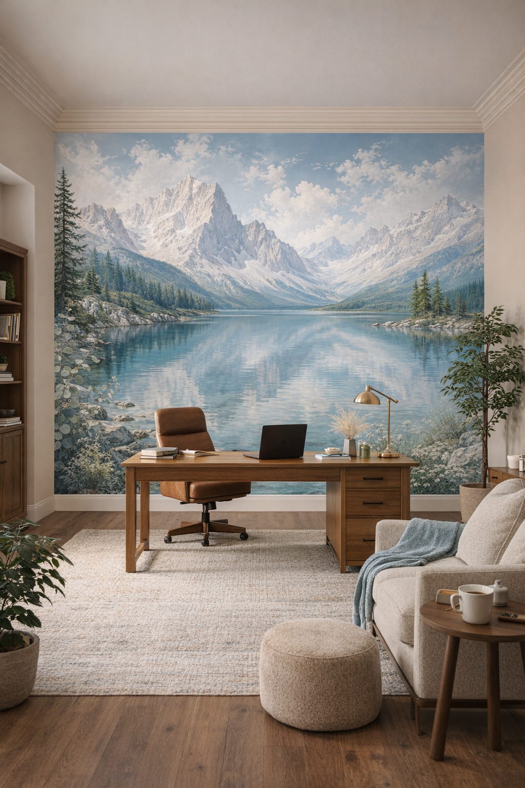 Biophilic green mountain lake featuring pine forest - Wall Mural Peel and Stick Wallpaper for Biophilic Design Executive Home Office.