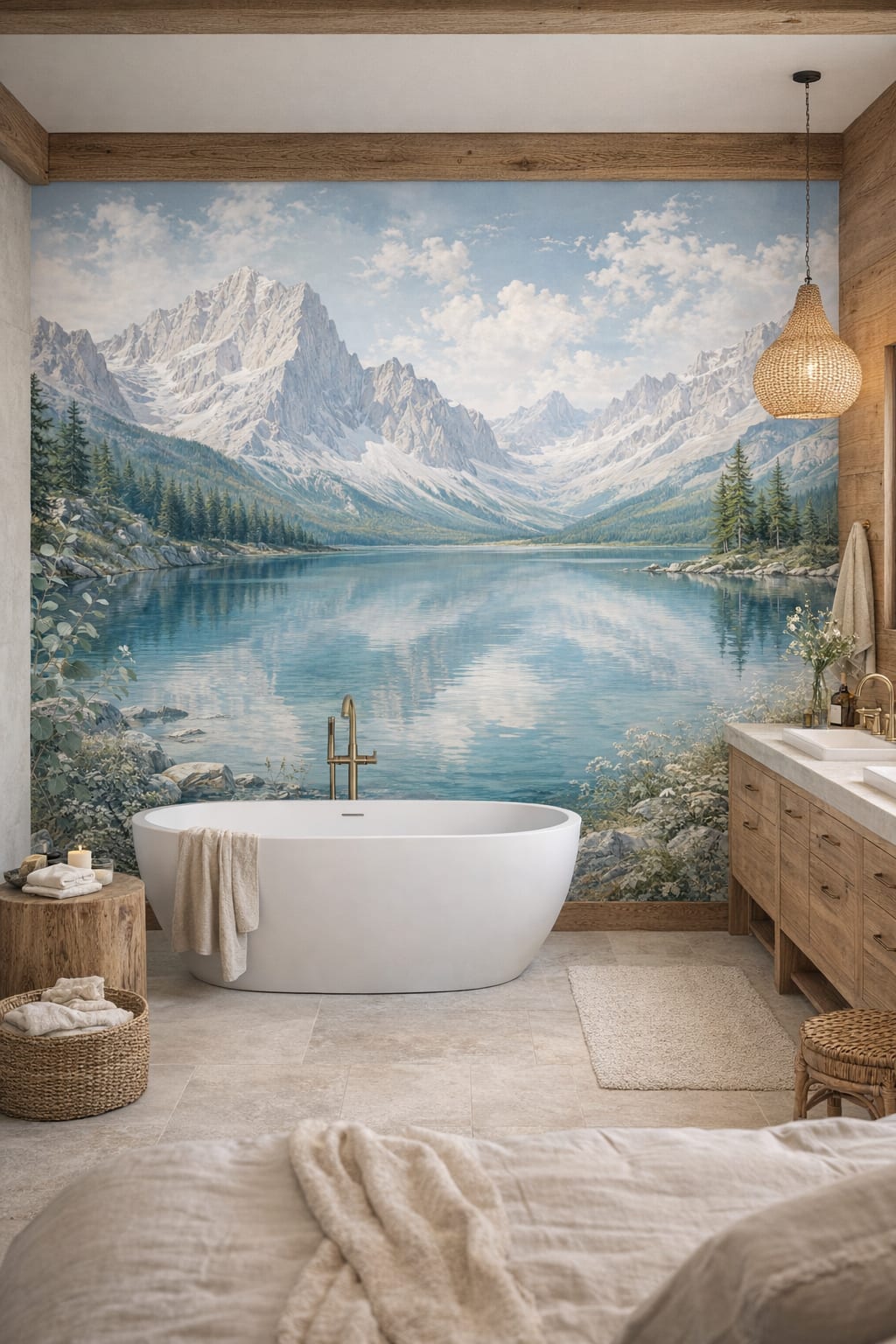 Alpine cream mountain lake featuring pine forest - Wall Mural Peel and Stick Wallpaper for Alpine / Chalet Luxury Bathroom.