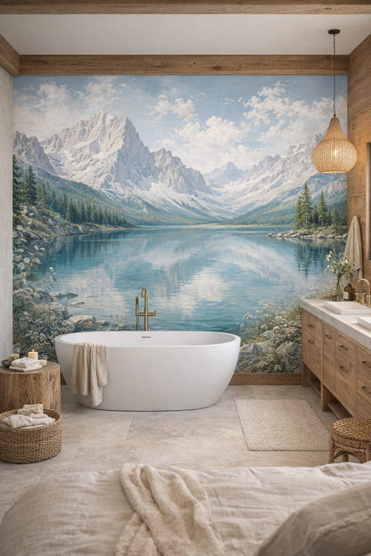 Alpine cream mountain lake featuring pine forest - Wall Mural Peel and Stick Wallpaper for Alpine / Chalet Luxury Bathroom.