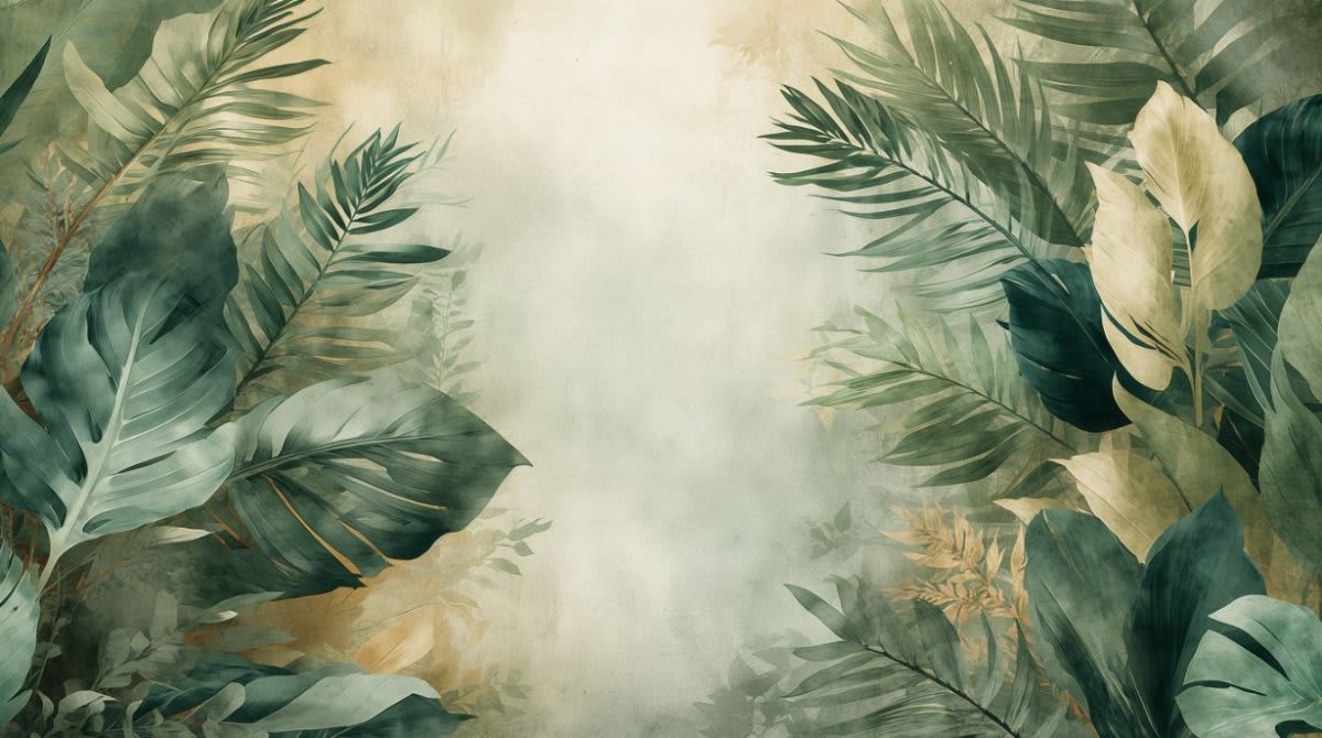 Serene airy Sage Green tropical foliage featuring palm leaves and a misty background - Wall Mural & Peel and Stick Wallpaper for Watercolor Interiors and Premium Home Styling.