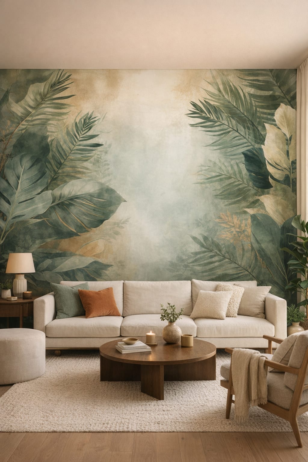 Cream olive tropical foliage featuring palm leaves - Wall Mural Peel and Stick Wallpaper for Organic Modern Living Room.