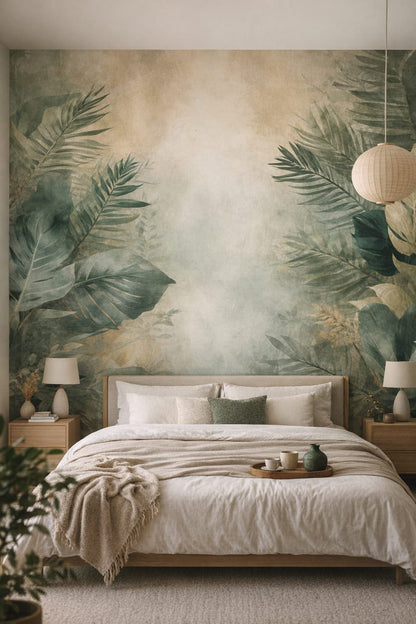 Sand-toned Japandi tropical foliage featuring misty background - Wall Mural Peel and Stick Wallpaper for Japandi Master Bedroom.