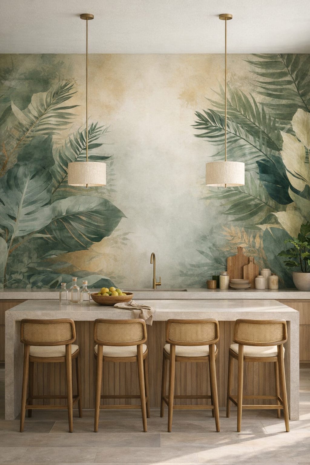 Tropical Modern white-green tropical foliage featuring palm leaves - Wall Mural Peel and Stick Wallpaper for Tropical Modern High-end Kitchen.