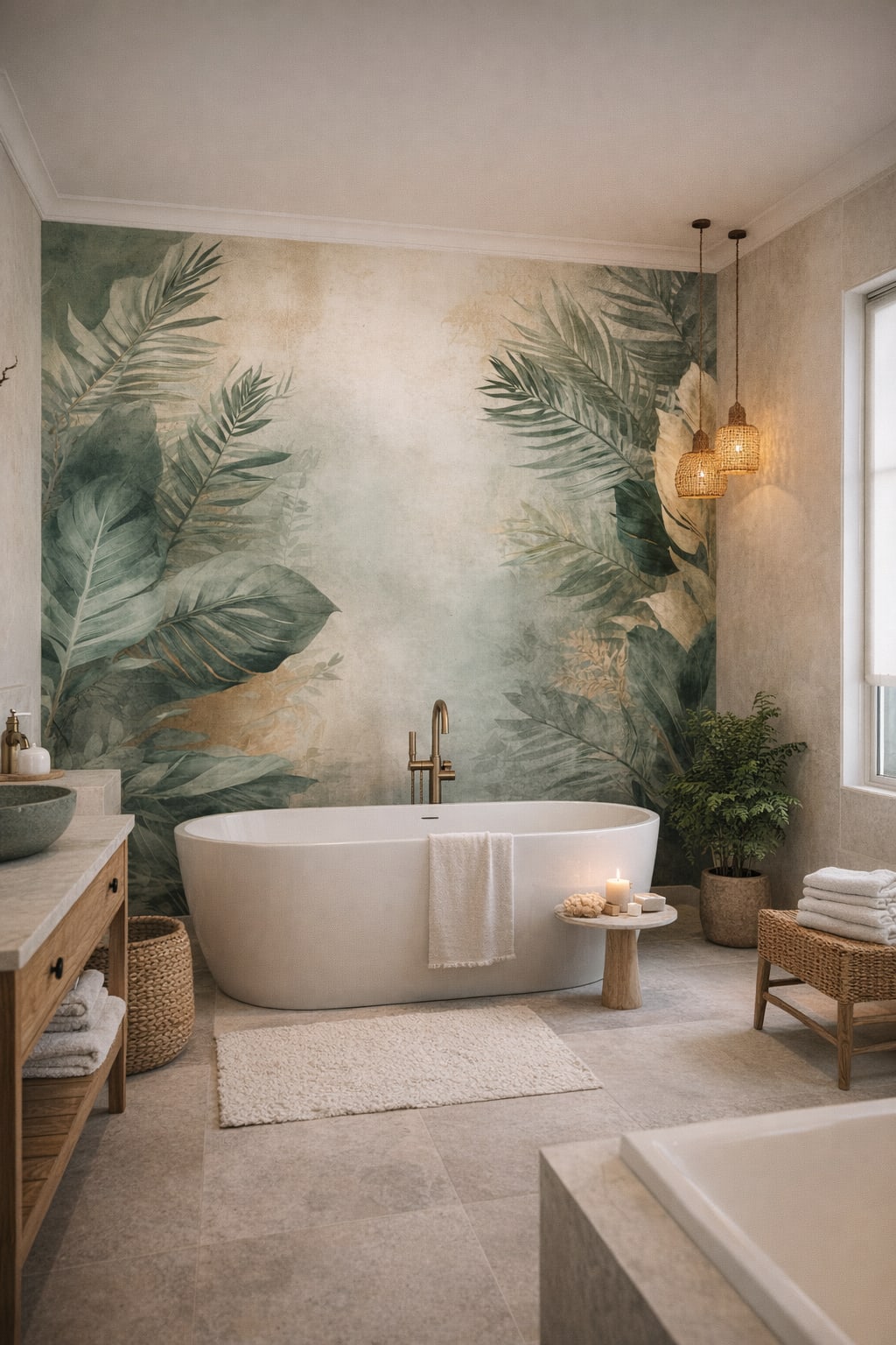 Resort Style sand-toned tropical foliage featuring palm leaves - Wall Mural Peel and Stick Wallpaper for Resort Style Luxury Bathroom.