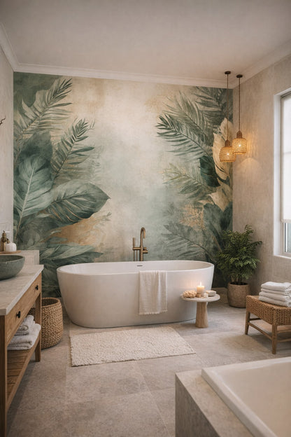 Resort Style sand-toned tropical foliage featuring palm leaves - Wall Mural Peel and Stick Wallpaper for Resort Style Luxury Bathroom.