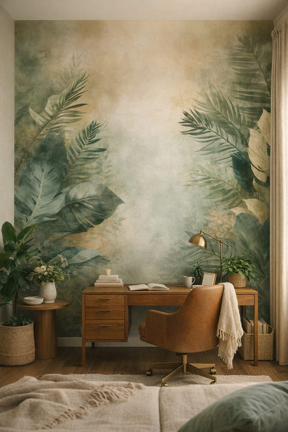 Green-neutral biophilic tropical foliage featuring palm leaves - Wall Mural Peel and Stick Wallpaper for Biophilic Design Home Office.
