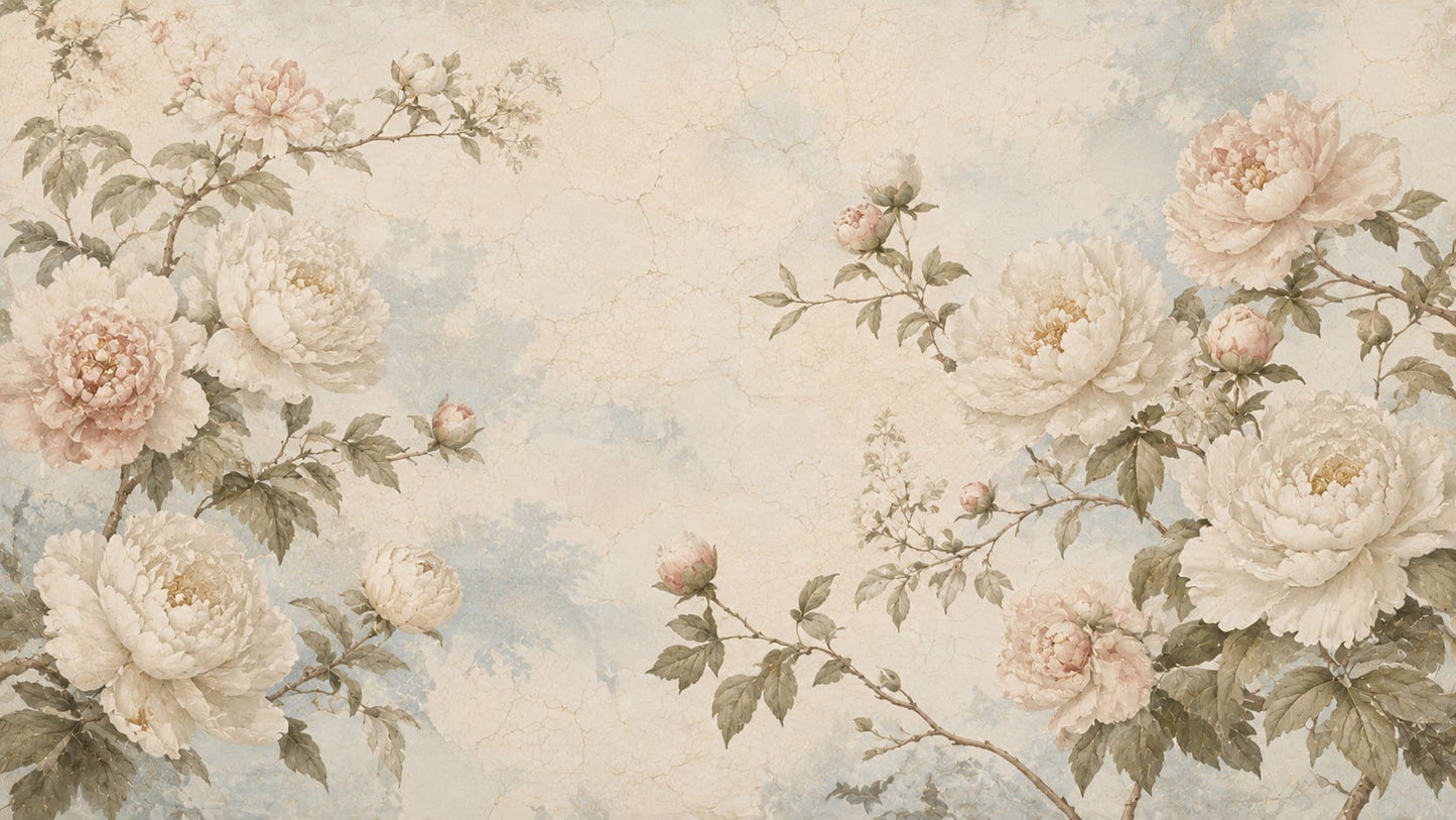 Vintage Painterly Cream Floral Blossoms featuring botanical foliage - Wall Mural & Peel and Stick Wallpaper for Painterly Interiors and Premium Home Styling