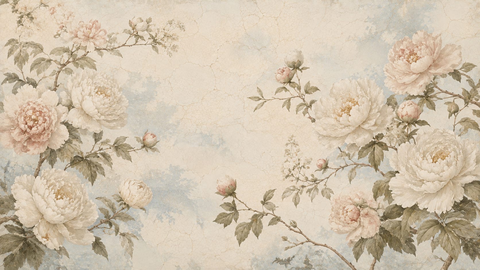 Vintage Painterly Cream Floral Blossoms featuring botanical foliage - Wall Mural & Peel and Stick Wallpaper for Painterly Interiors and Premium Home Styling